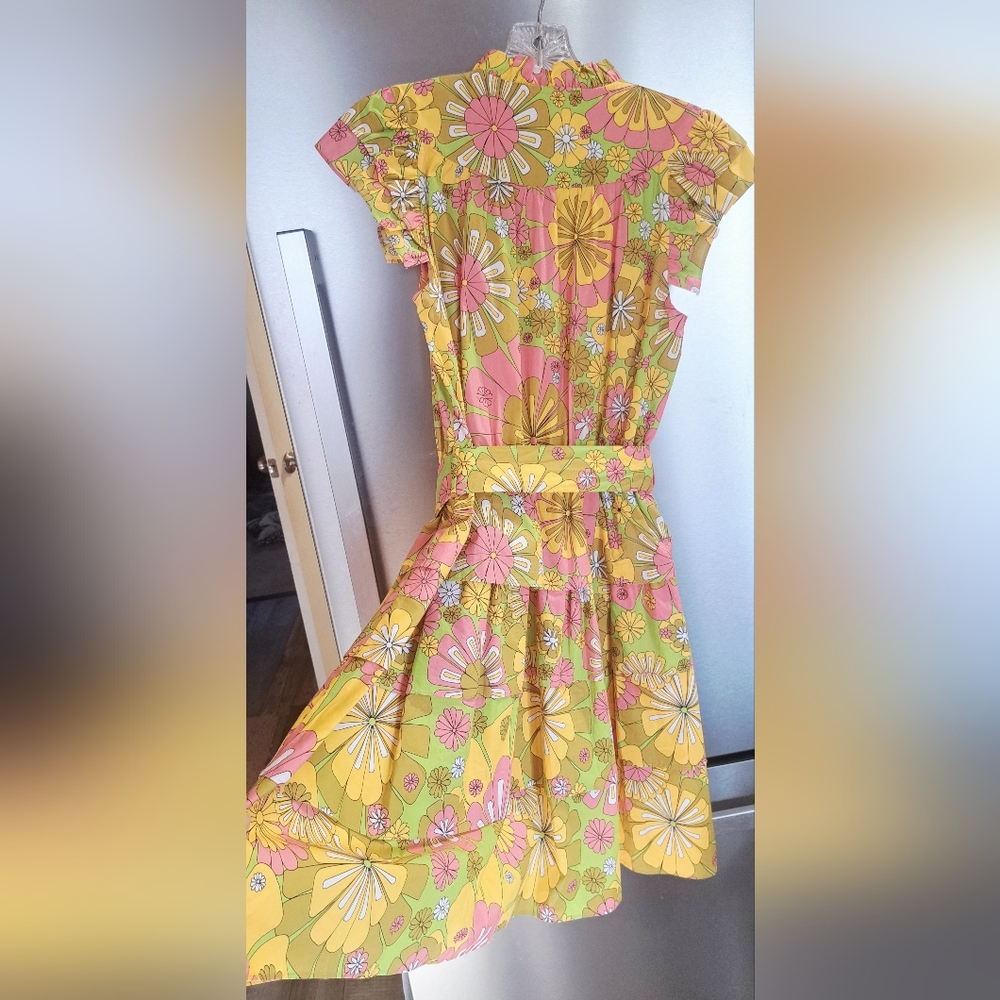 New Flora Bea NYC Mini Dress Retro Styled Tiered Green And Orange Pink Floral M - Picture 9 of 13